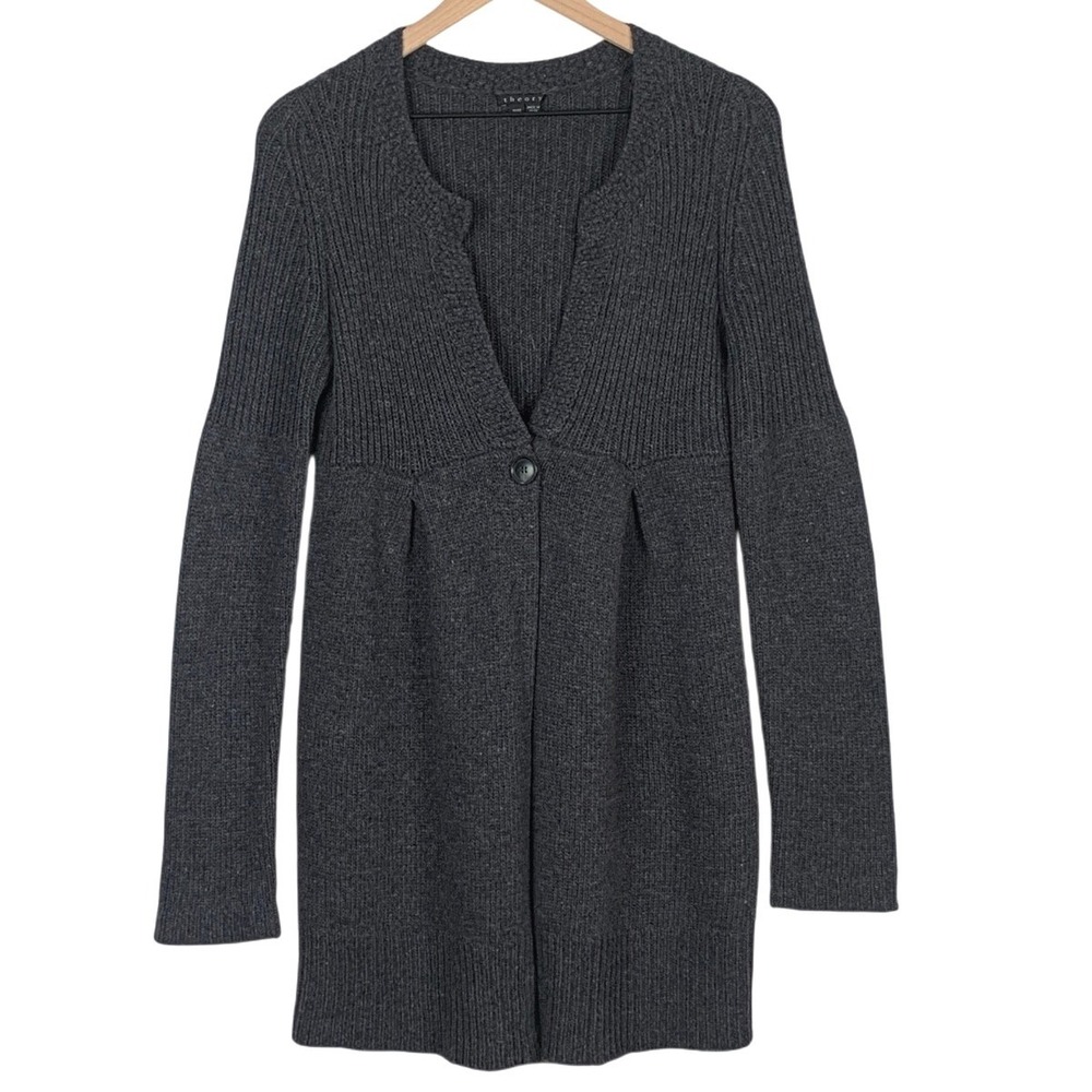 Theory Joya Warmth Wool Cashmere Ribbed Longline Cardigan Sweater Sz M Grey